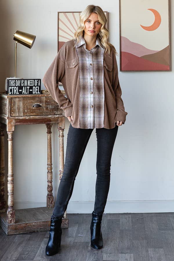 Rib Plaid Contrast Drop Shoulder Button Down Shacket