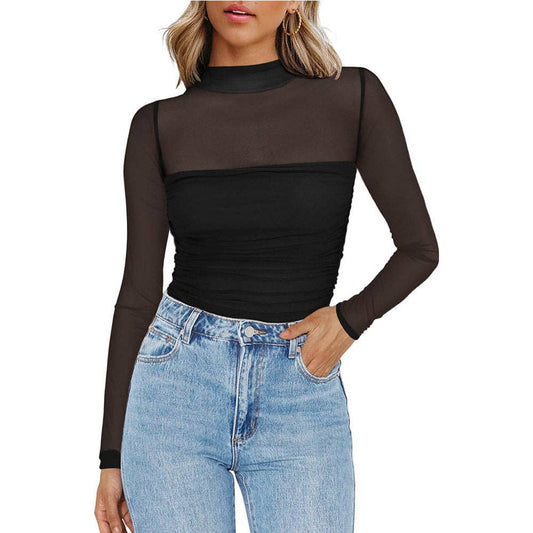 Semi High Neck Sheer Long Sleeve T-Shirt
