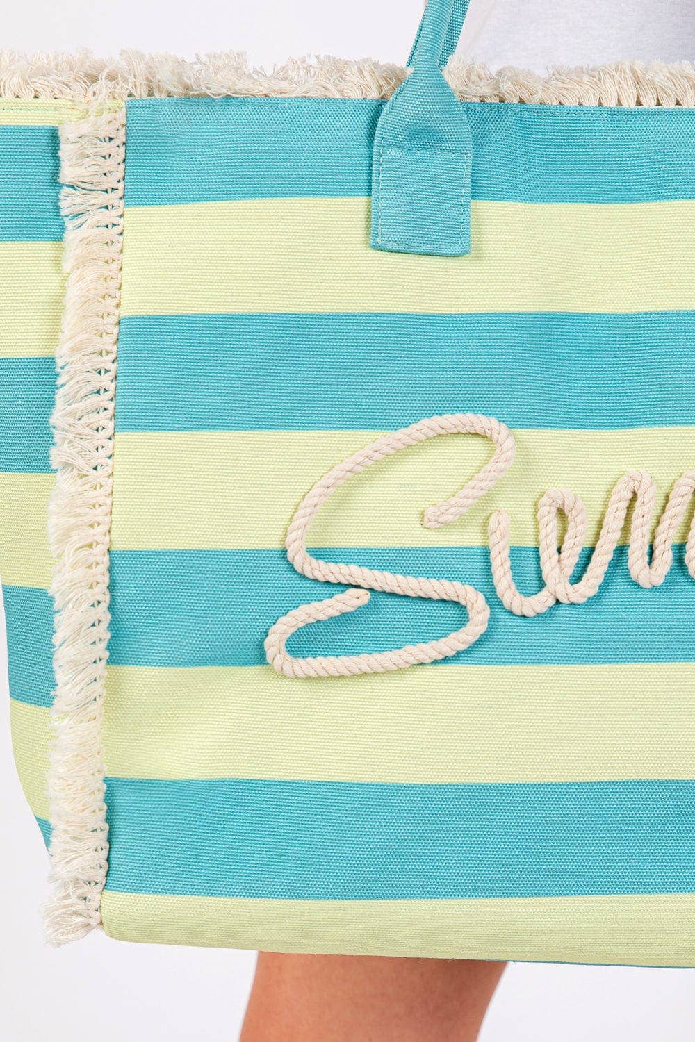 MB0267 Sewn Tope Summer Letter Fringe Striped Tote Bag: Lavender Yellow