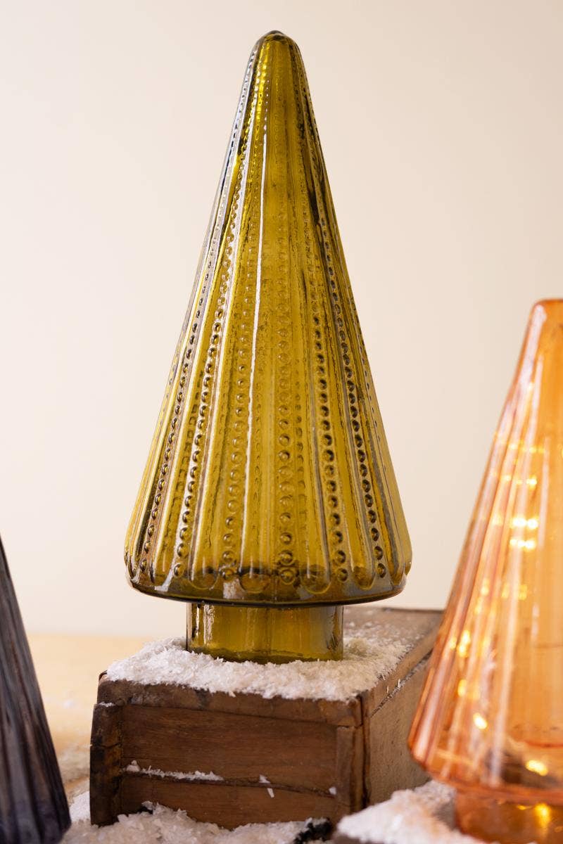 GLASS CHRISTMAS TREES - MULTI COLOR: Multi / Glass / Large (2): 7"d x 14.5"t;  Small (2): 5"d x 9.5"t