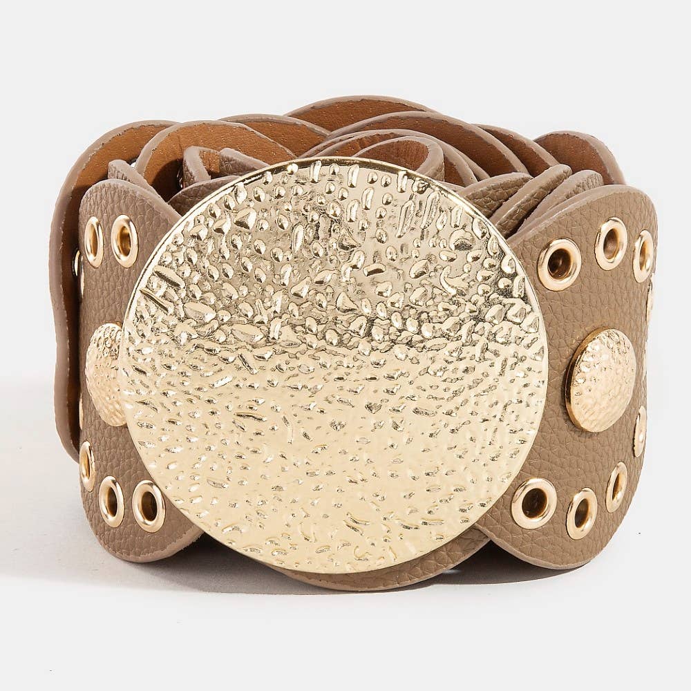 Hammered Disc Accent Panel Link Vegan Leather Belt