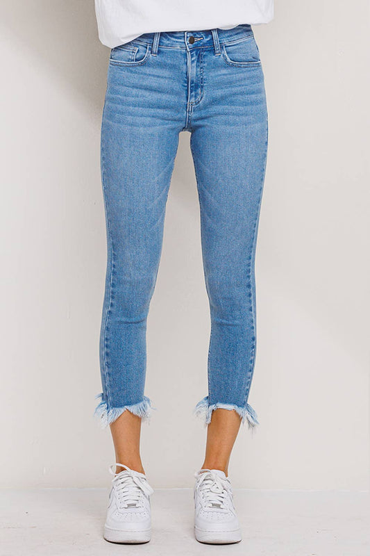 "Fiona" Mid Rise Chew Hem Skinny: Light Denim
