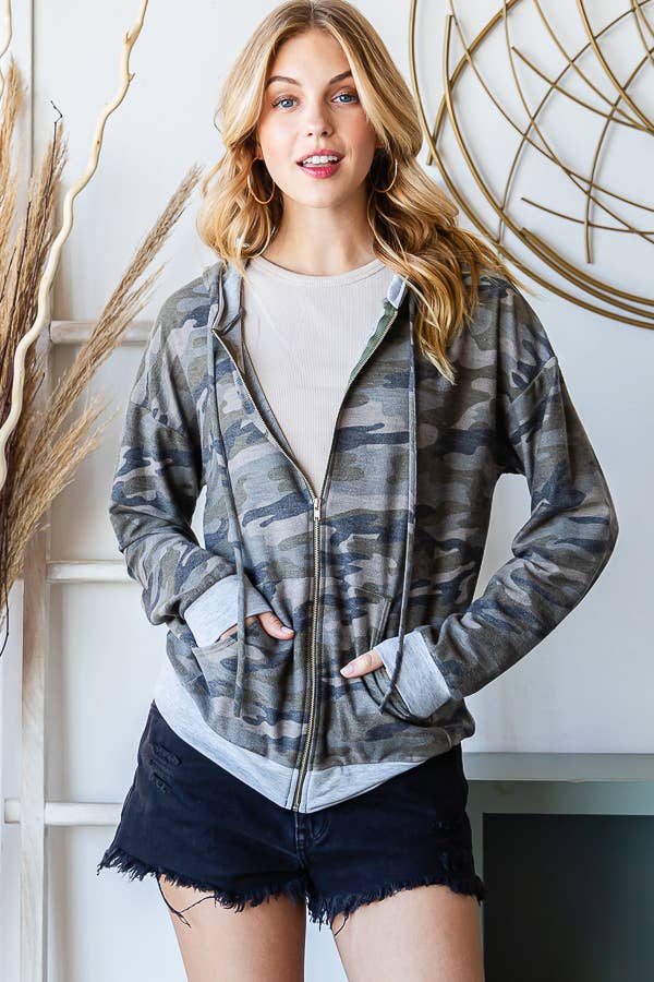 Camo Print Solid Contrast Zip Up Hoodie