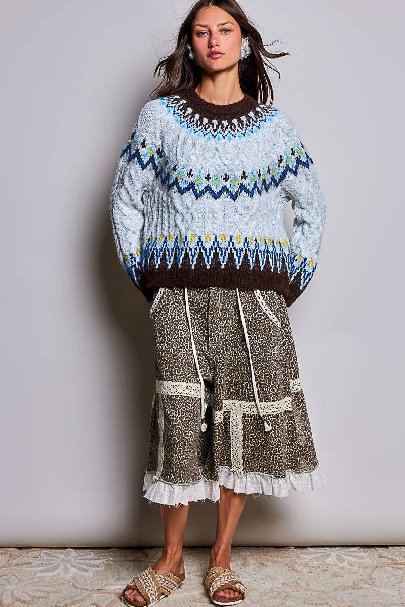 Cable Knit Ribbed Trim Sweater LIGHT GREY / OS