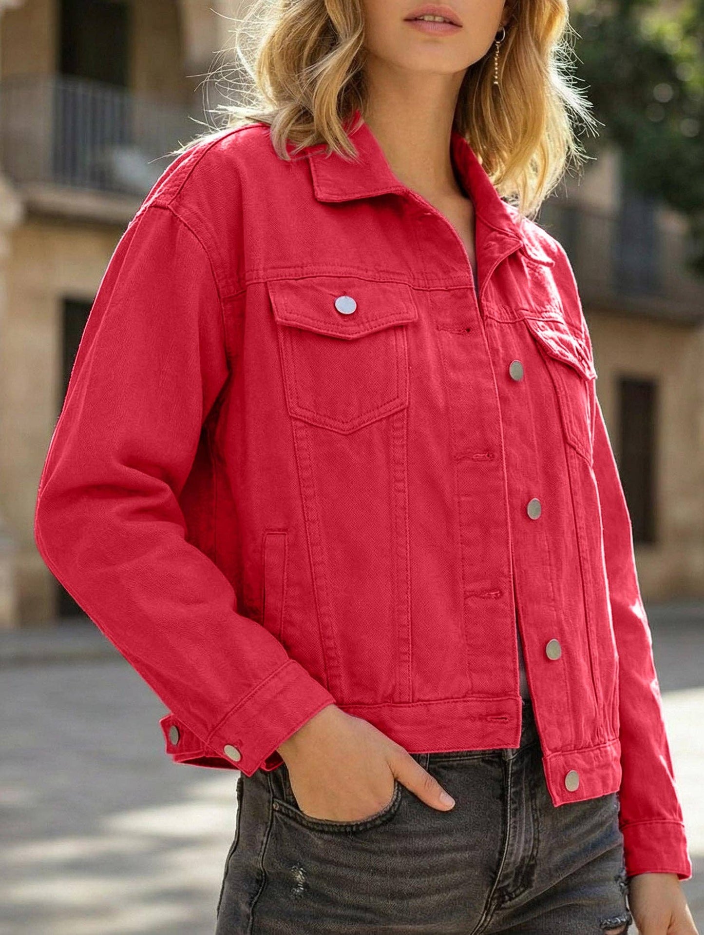 Solid color slim cropped denim jacket casual jacket: Red