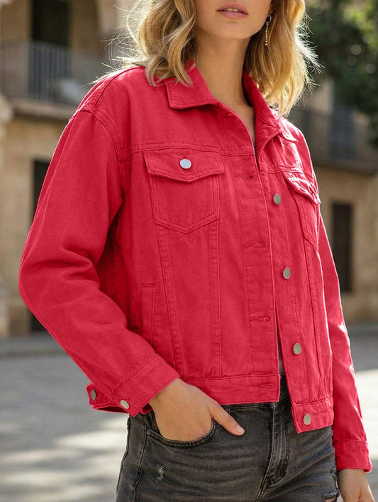 Solid color slim cropped denim jacket casual jacket: Red