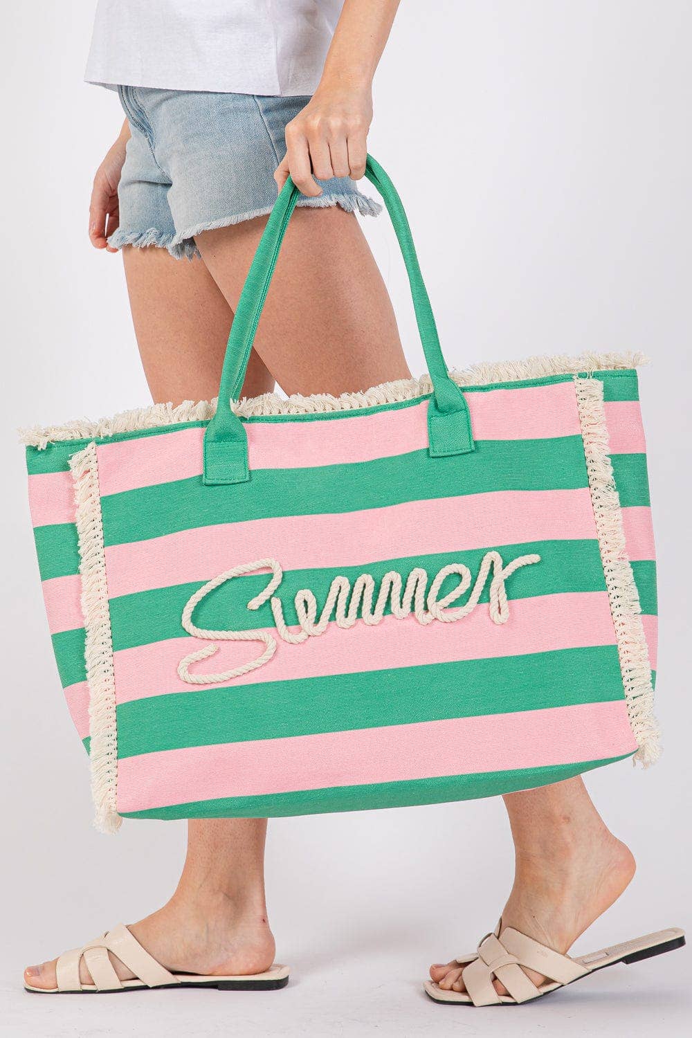 MB0267 Sewn Tope Summer Letter Fringe Striped Tote Bag: Lavender Yellow