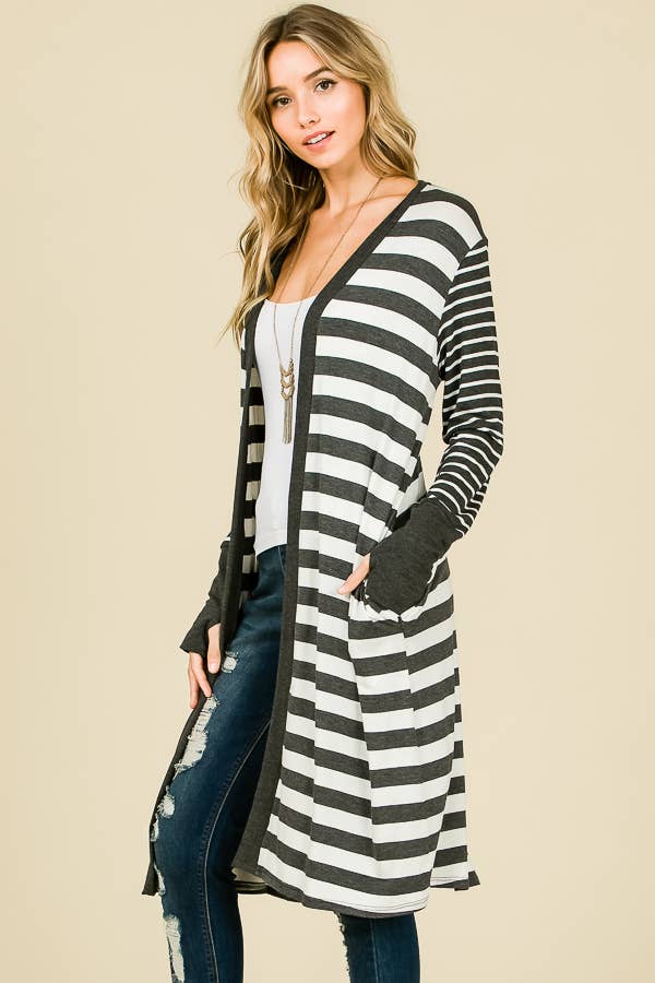 Striped Open front Thumbhole Maxi Cardigan