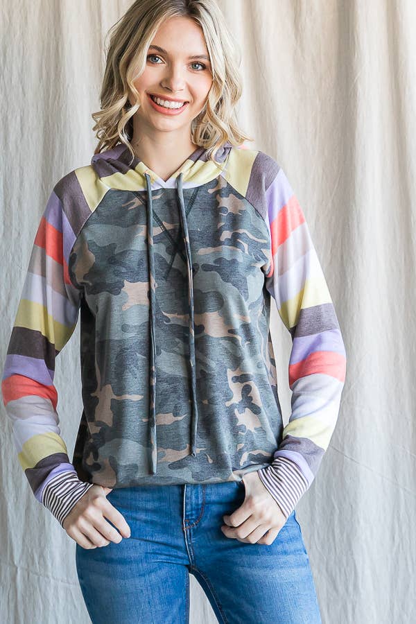 Camo Print Stripe Raglan Sleeve Hoodie