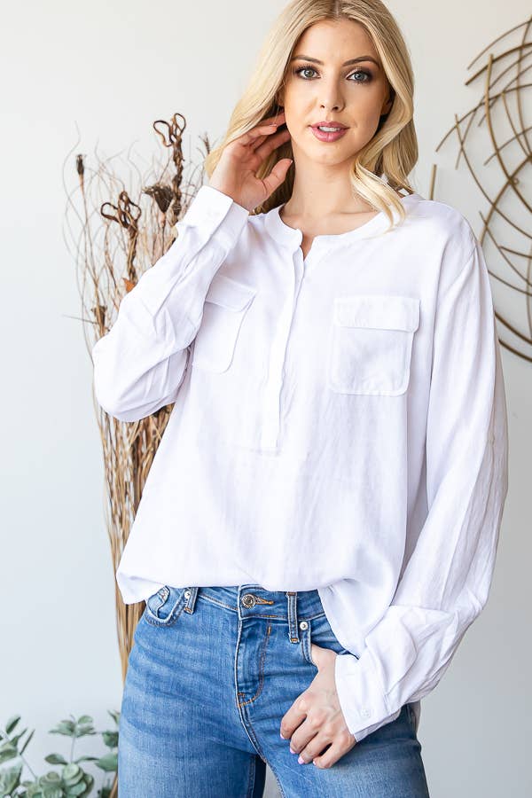 LS ROUND NECK BUTTON DOWN BLOUSE: BLUE