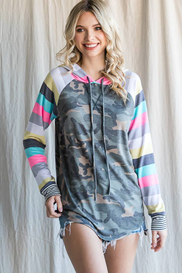 Camo Print Stripe Raglan Sleeve Hoodie