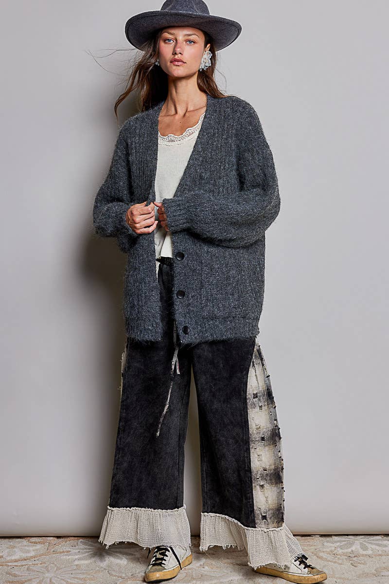 Oversized Ribbed Knit V-Neck Button Pockets Cardigan ALMOND / OS