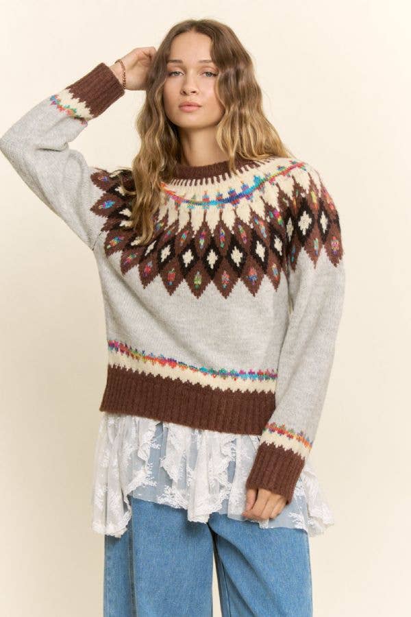 Fair Isle Yoke Crew Sweater: Grey Mocha
