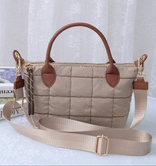 QP782 Quilted Puffer Satchel/Crossbody Bag: Taupe