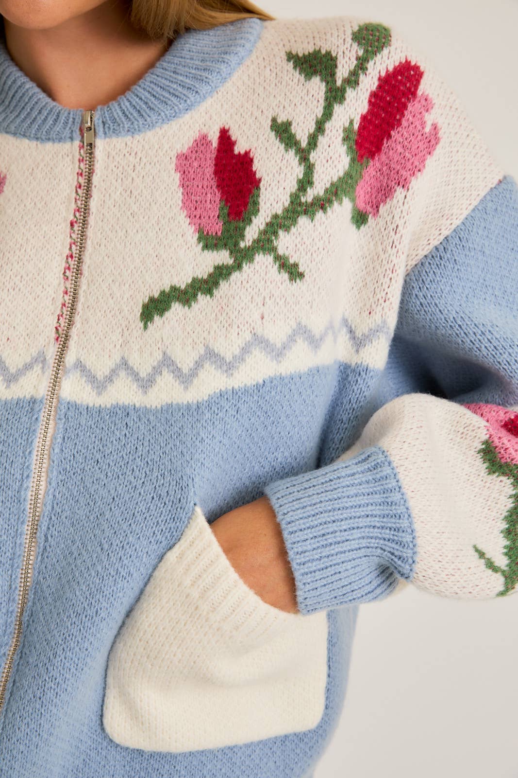 "ROSE" FLORAL PATTERN DETAIL SWEATER JACKET