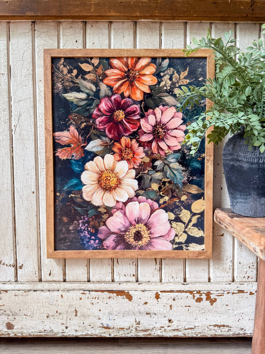 Bold Coloful Moody Floral Wood Sign: Light Frame / 16x20 Inches