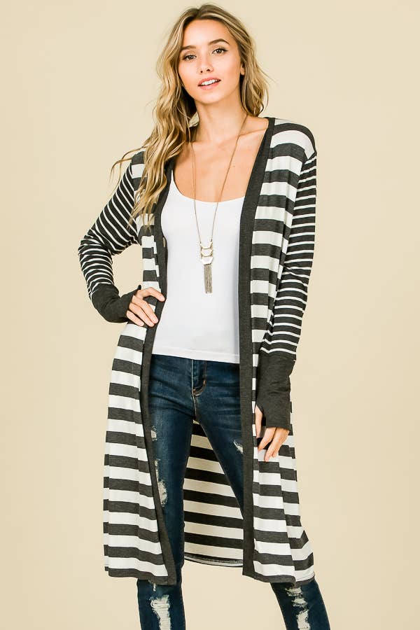Striped Open front Thumbhole Maxi Cardigan