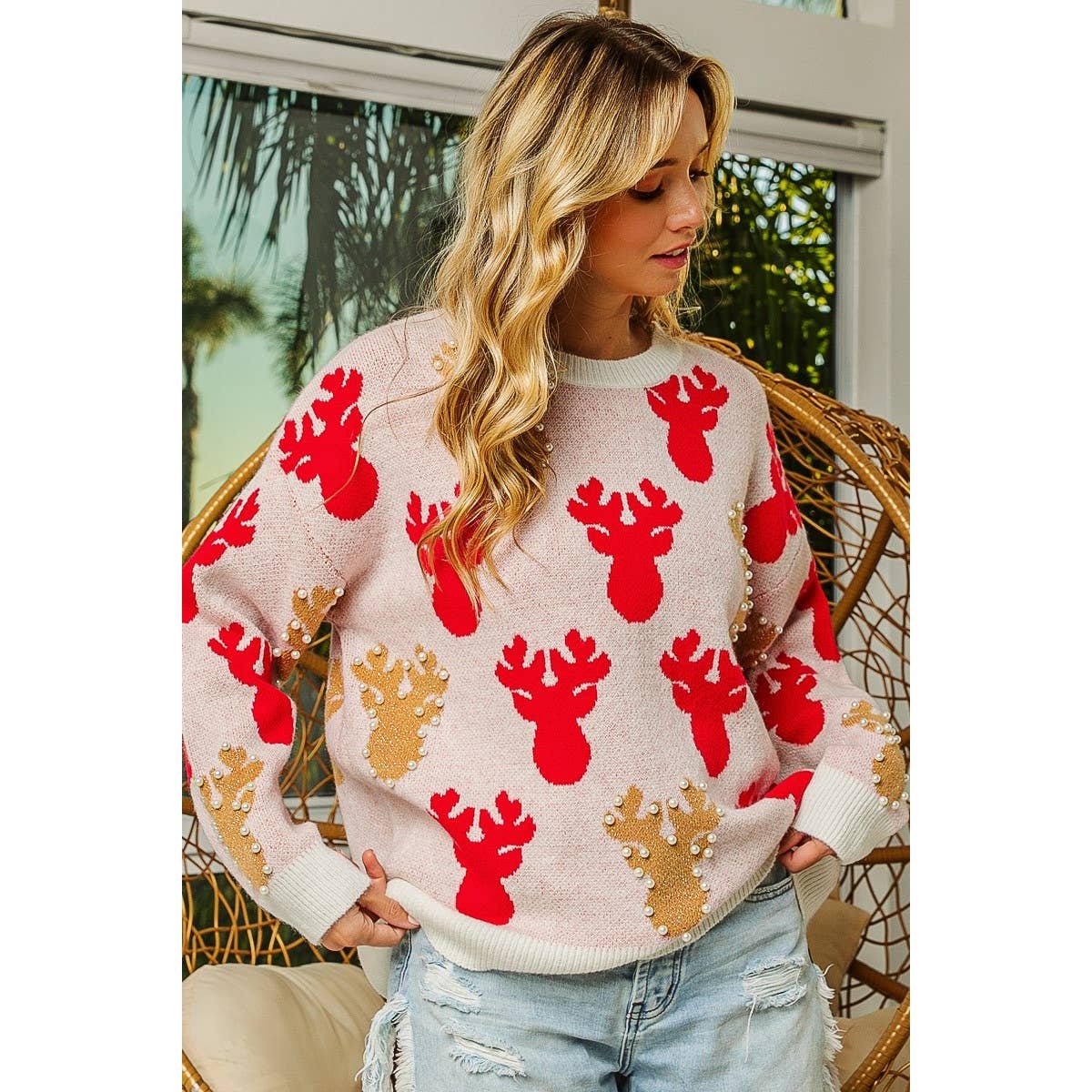 PEARL BEAD RUDOLPH CHRISTMAS SWEATER