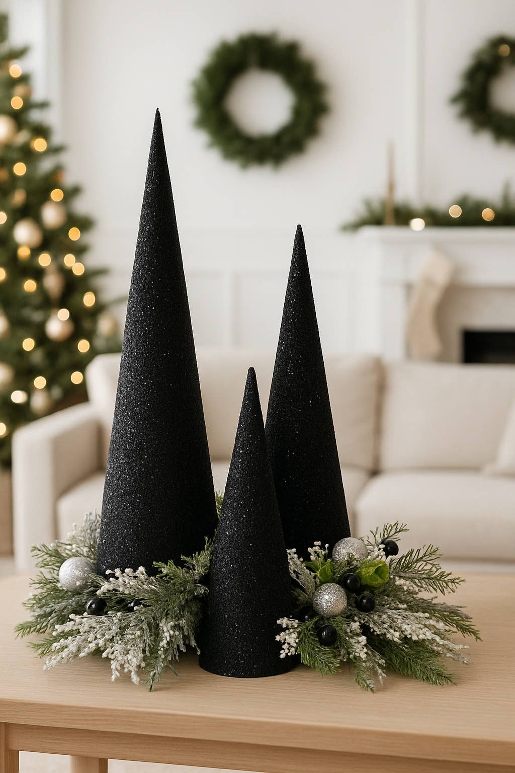 Black Glass Beads Cone Tree 12in