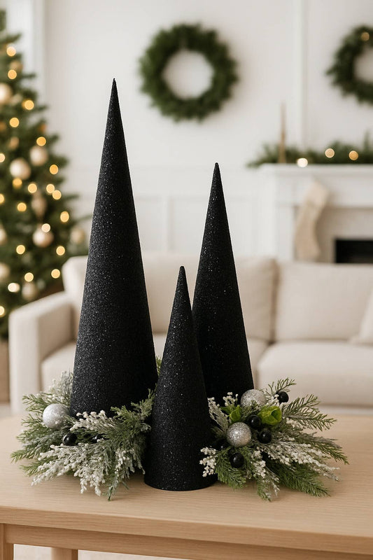 Black Glass Beads Cone Tree 12in