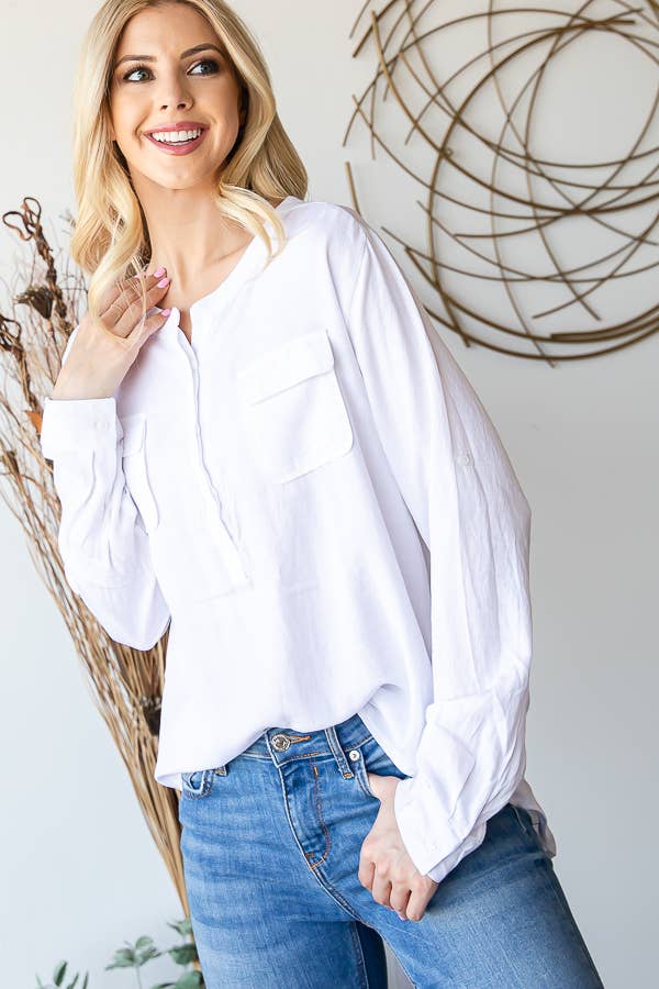 LS ROUND NECK BUTTON DOWN BLOUSE: BLUE