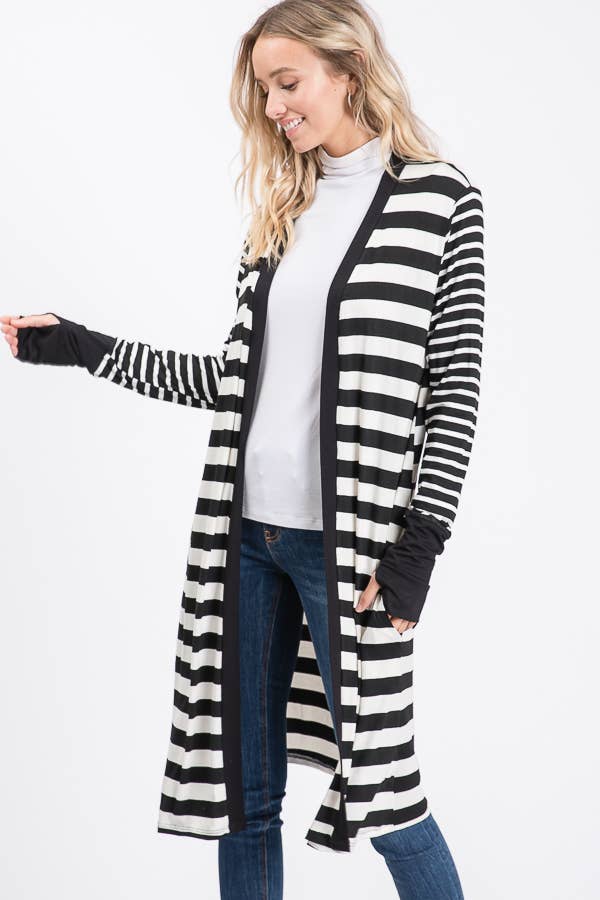 Striped Open front Thumbhole Maxi Cardigan