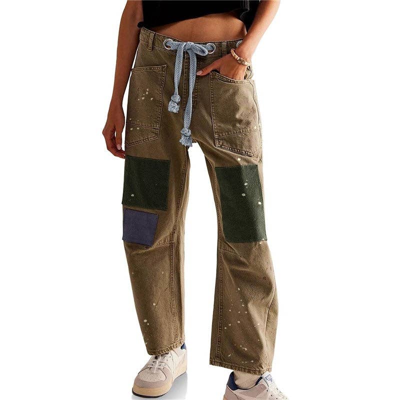 Loose Straight Drawstring Patchwork Jeans