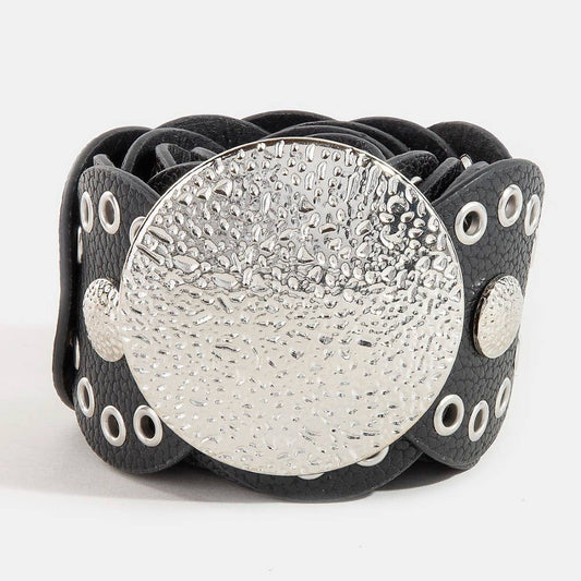 Hammered Disc Accent Panel Link Vegan Leather Belt