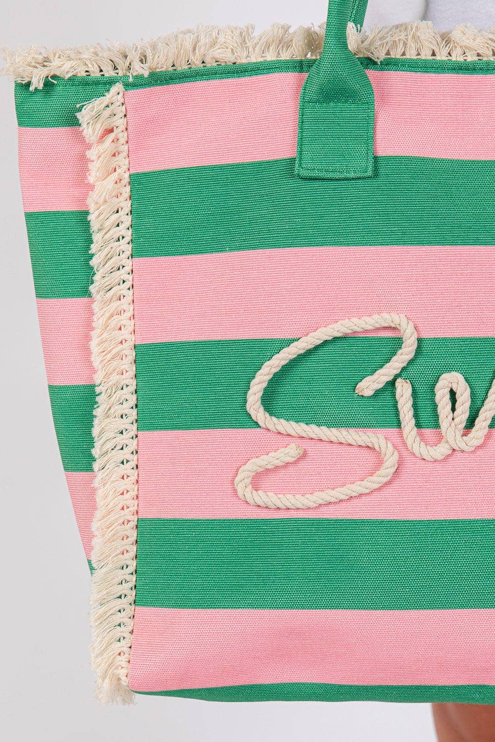 MB0267 Sewn Tope Summer Letter Fringe Striped Tote Bag: Lavender Yellow
