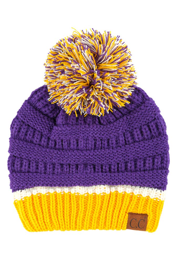 C.C Team Color Ribbed Beanie with Pom Winter Hat: 9.black/Gold