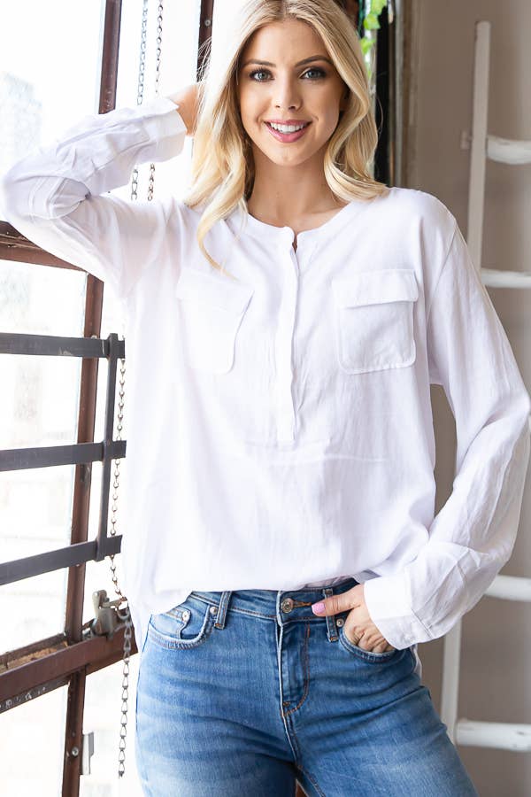 LS ROUND NECK BUTTON DOWN BLOUSE: BLUE