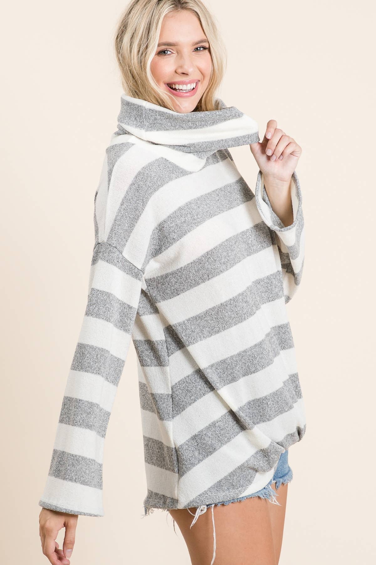 Striped Funnel Neck Knit Top: Cream