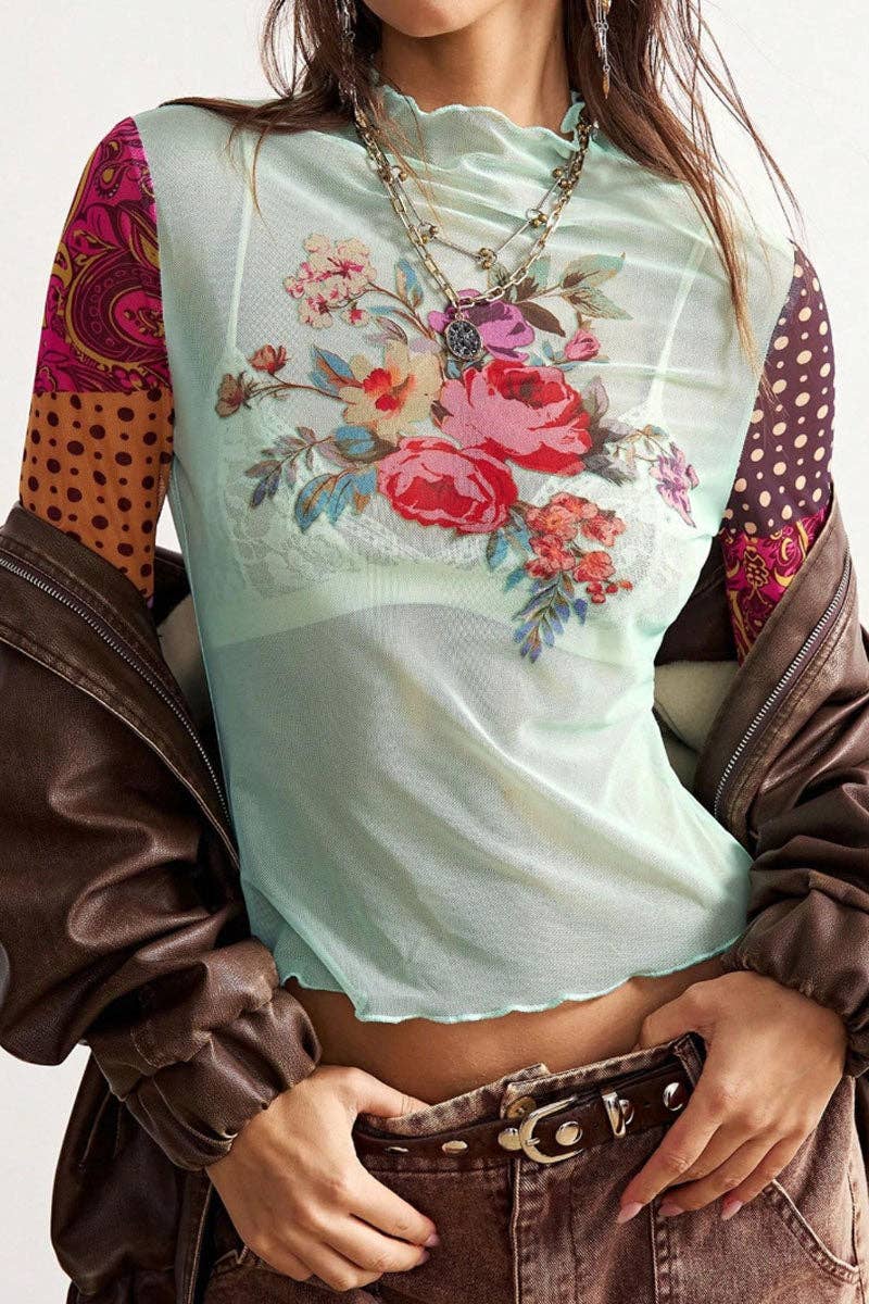 Floral Mixed Pattern Sleeve Top: GREEN / S