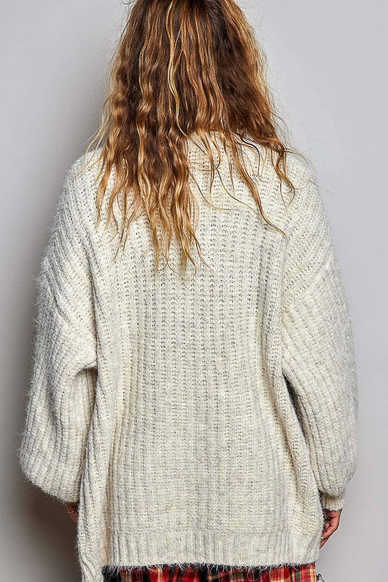 Oversized Ribbed Knit V-Neck Button Pockets Cardigan ALMOND / OS