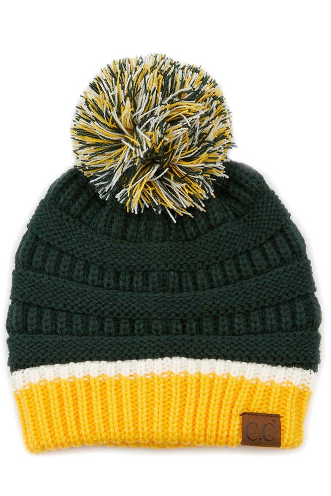 C.C Team Color Ribbed Beanie with Pom Winter Hat: 9.black/Gold
