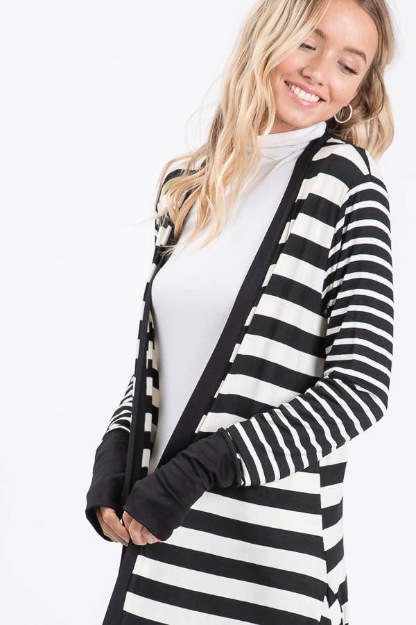 Striped Open front Thumbhole Maxi Cardigan