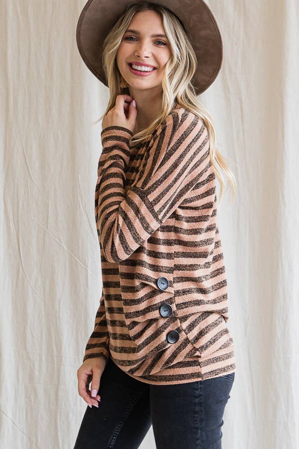Stripe Drop Shoulder Button Long Sleeve