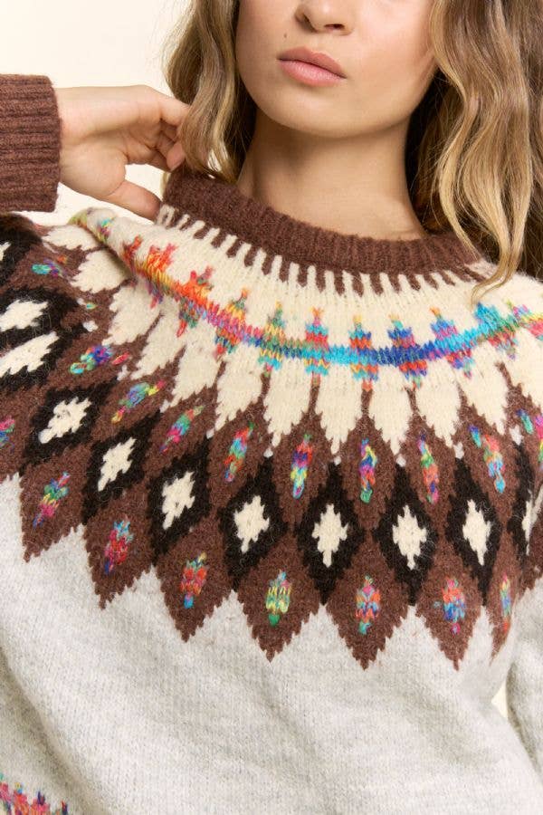 Fair Isle Yoke Crew Sweater: Grey Mocha