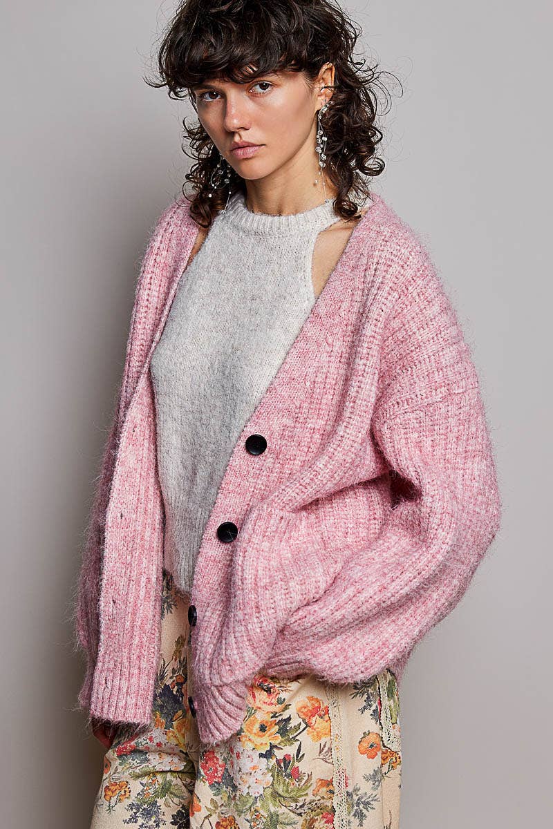 Oversized Ribbed Knit V-Neck Button Pockets Cardigan ALMOND / OS