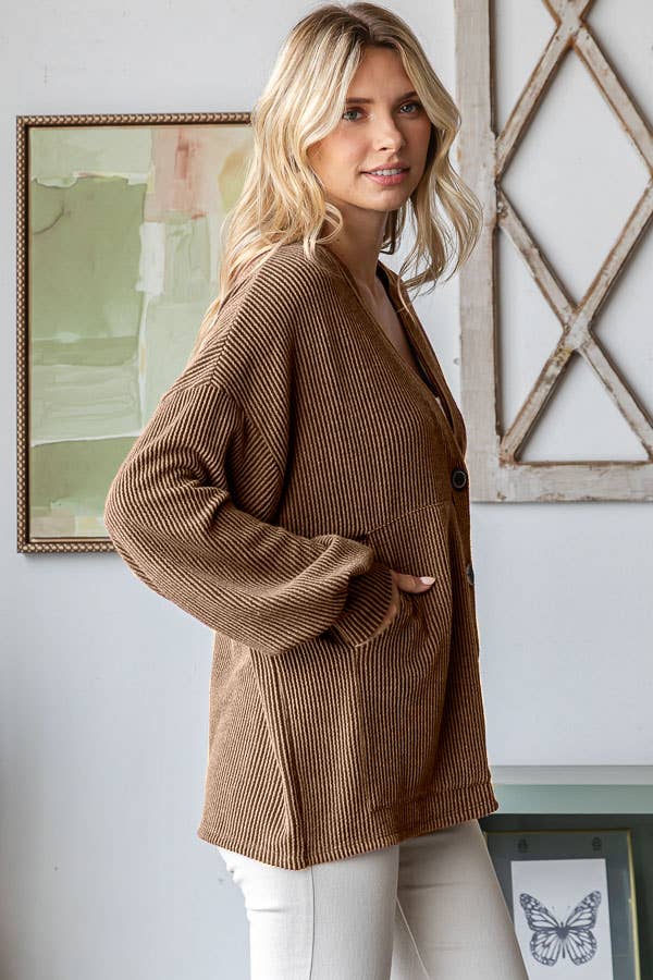 Solid Rib Drop Shoulder Button Balloon Sleeve Cardigan