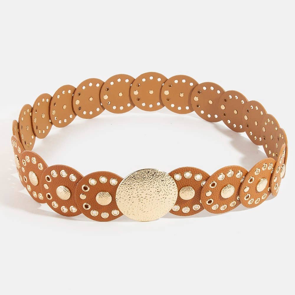 Hammered Disc Accent Panel Link Vegan Leather Belt