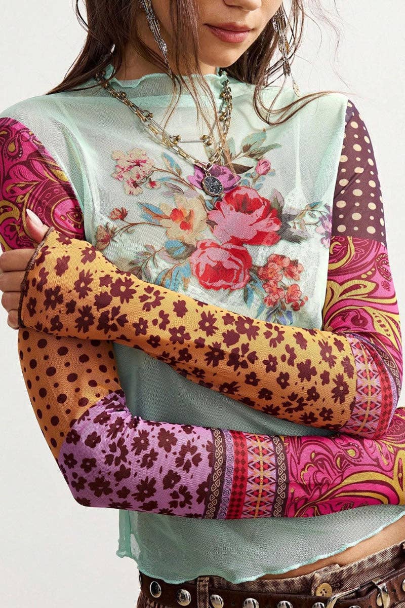 Floral Mixed Pattern Sleeve Top: GREEN / S