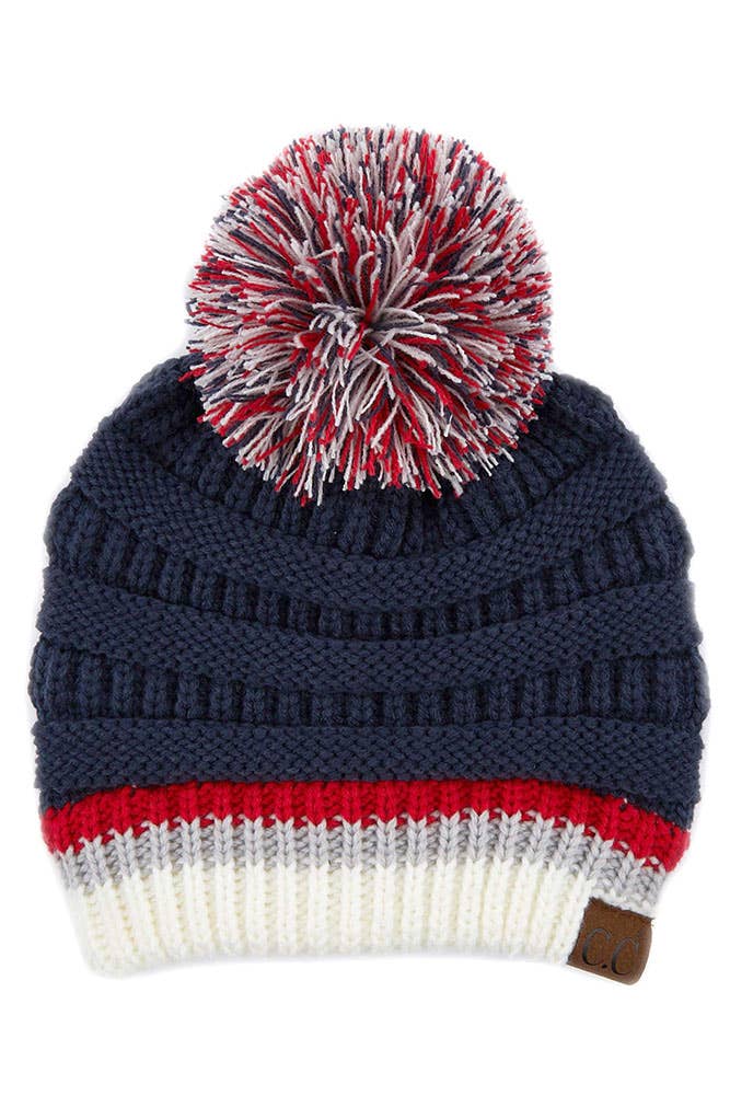 C.C Team Color Ribbed Beanie with Pom Winter Hat: 7.red/white