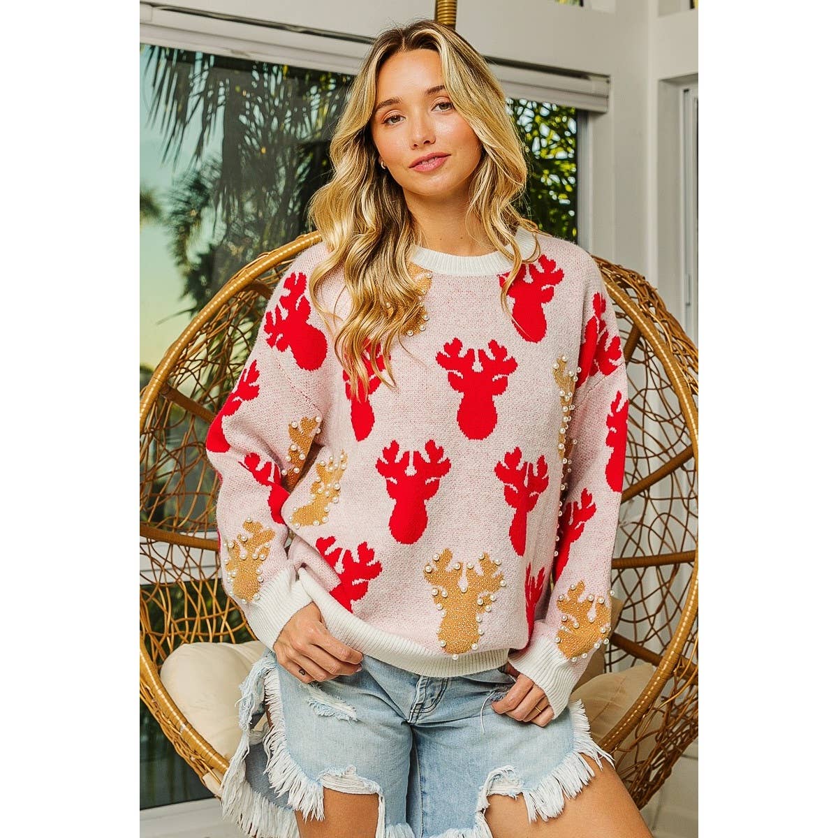 PEARL BEAD RUDOLPH CHRISTMAS SWEATER