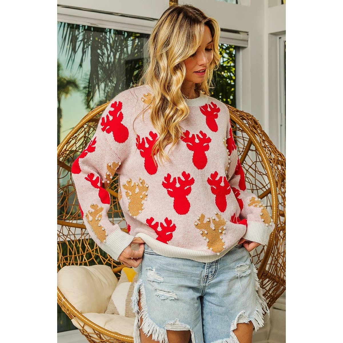 PEARL BEAD RUDOLPH CHRISTMAS SWEATER