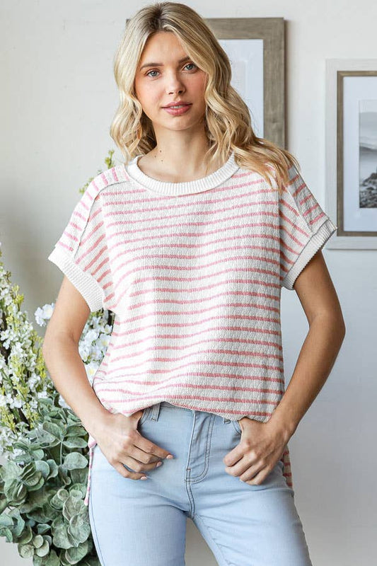"Tori" Textured Side Slit Hi Low Short Sleeve Top