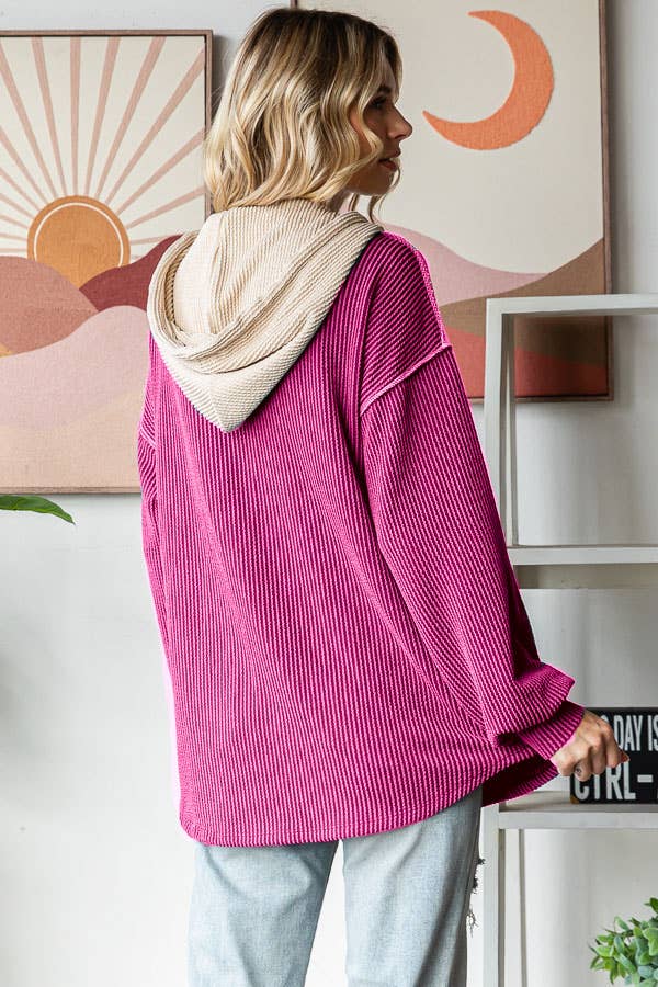 Ribbed Balloon Sleeve Button Front Drawstring Hoodie