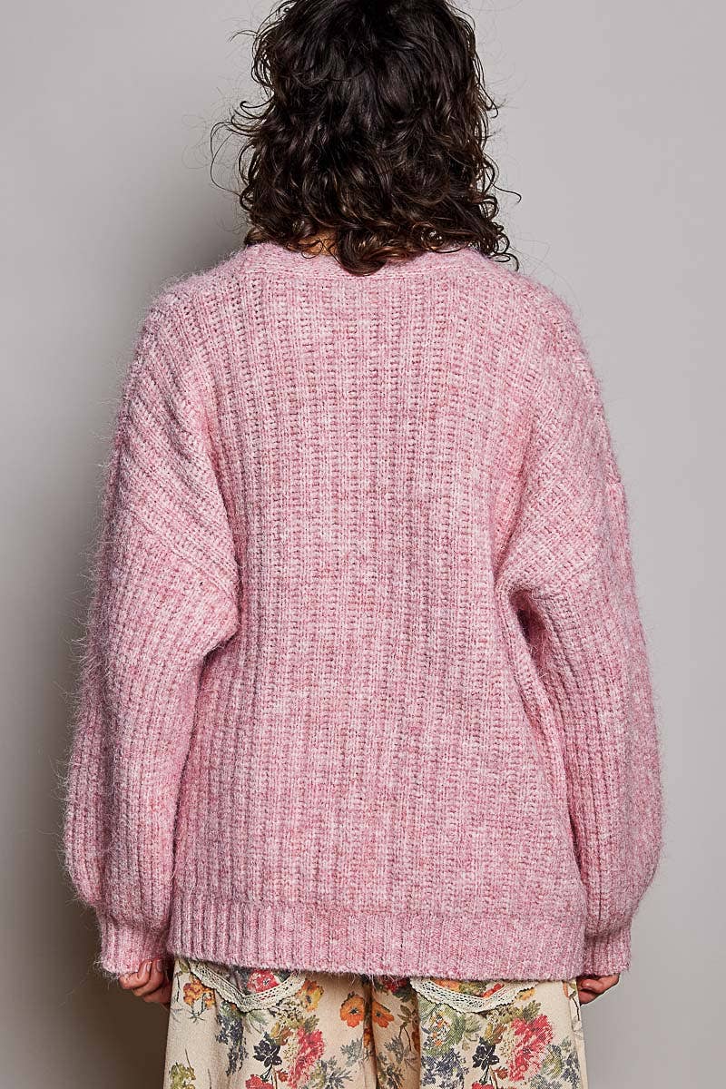 Oversized Ribbed Knit V-Neck Button Pockets Cardigan ALMOND / OS
