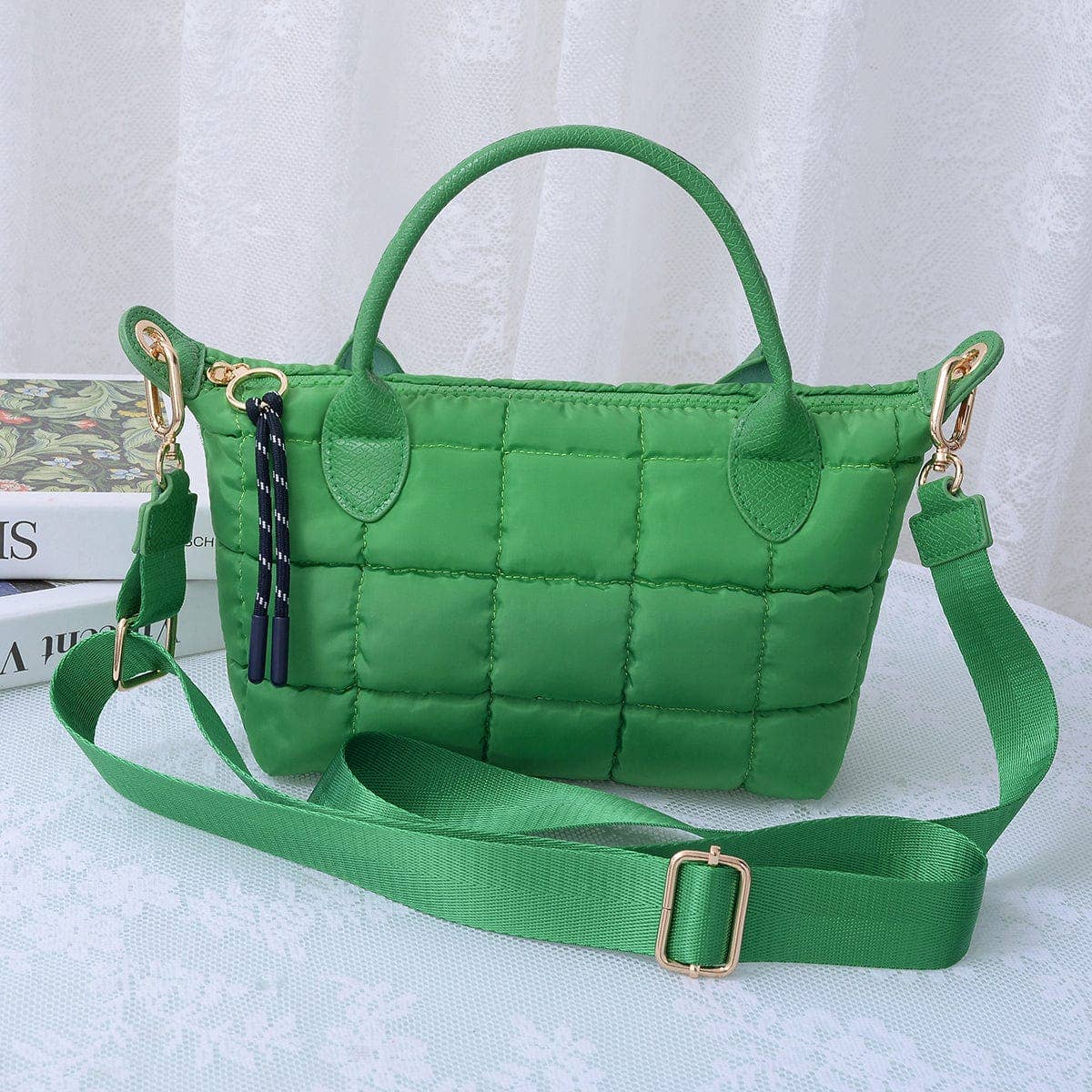 QP782 Quilted Puffer Satchel/Crossbody Bag: Taupe