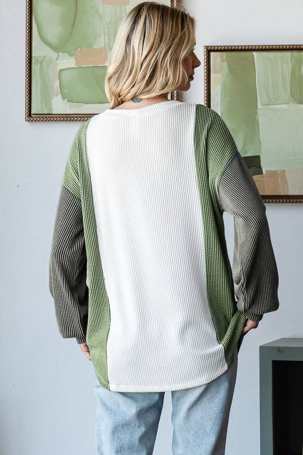 Color Block Off Shoulder Ribbed Knit Top